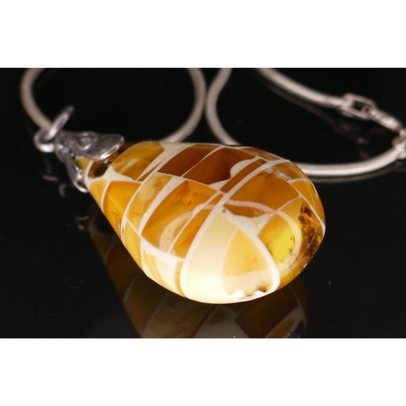 Mosaic Amber Pendant With Embedded Insects Sterling Silver On Sterling Chain - Picture 6 of 13